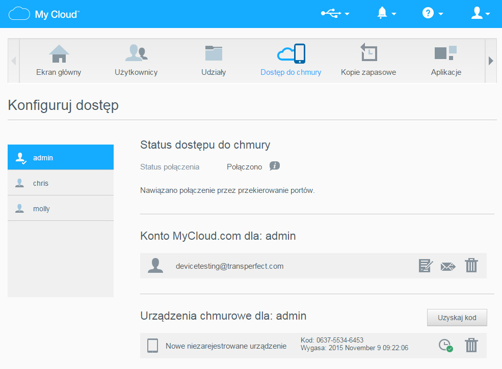 DOSTĘP ZDALNY DO URZĄDZENIA MY CLOUD 2. Wybierz użytkownika. Aby zezwolić użytkownikowi na dostęp za pomocą serwisu MyCloud.com: 1. Jeśli użytkownik ma już konto w serwisie MyCloud.