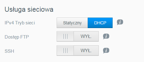 KONFIGURACJA USTAWIEŃ Usługi sieciowe Przejrzyj lub zmodyfikuj następujące opcje: Tryb sieci Dostęp FTP Wybierz metodę przypisywania unikatowego adresu IP urządzenia: Wybranie opcji Klient DHCP jako