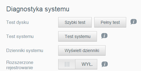 KONFIGURACJA USTAWIEŃ Narzędzia Na stronie Narzędzia można wykonać test urządzenia My Cloud, wyświetlić informacje diagnostyczne, przywrócić fabryczne ustawienia domyślne urządzenia, wyłączyć lub