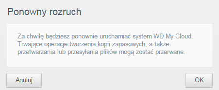 KONFIGURACJA USTAWIEŃ Aby ponownie uruchomić urządzenie: 1. Na stronie Narzędzia w sekcji Konserwacja urządzenia kliknij przycisk Ponowny rozruch. Zostanie wyświetlony następujący komunikat: 2.