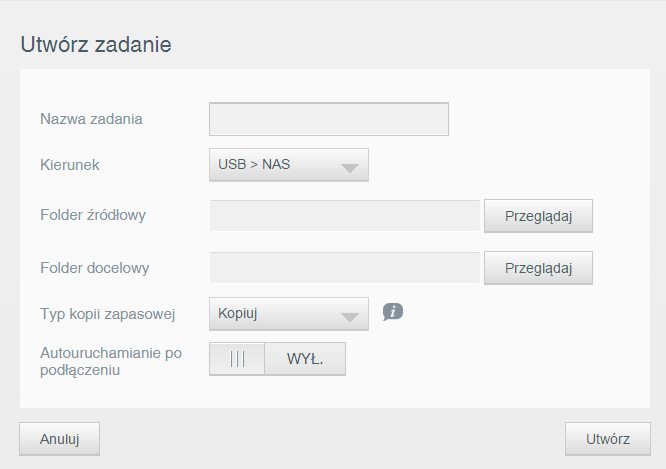 ZARZĄDZANIE KOPIAMI ZAPASOWYMI 3. Kliknij przycisk Utwórz zadanie, aby wyświetlić opcje zadania. 4. Wprowadź szczegóły zadania. 5. Kliknij przycisk Utwórz. Nowe zadanie pojawi się na liście zadań kopii USB.