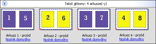 Fiery Impose 22 Duplo Podawanie krótką krawędzią Opcja Duplo Podawanie krótką krawędzią ustawia kierunek stronicowania umożliwiający podawanie arkuszy do urządzenia wykańczającego Duplo krótką