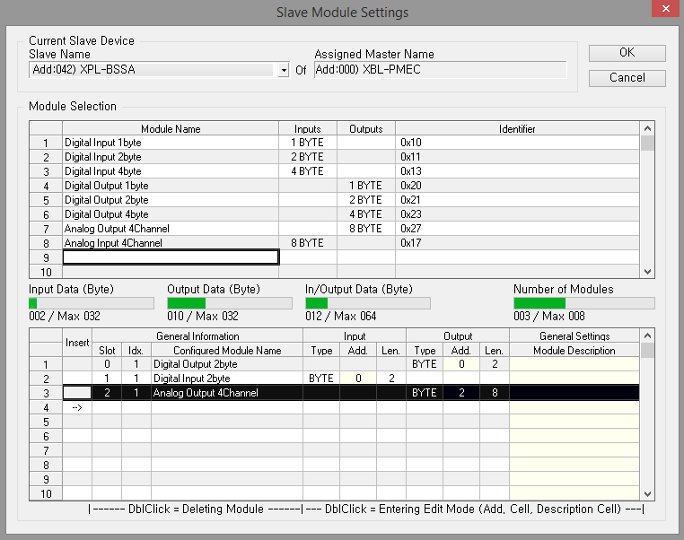 Otwarte okno Slave Module Setting pozwala na zdefiniowanie modułów I/O połączonych z adapterem Smart I/O. Moduły dodaje się klikając dwukrotnie na typ modułu w oknie Module selection.