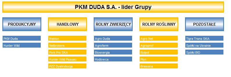 Segment produkcyjny Polski Koncern Mięsny DUDA S.A. jest podmiotem dominującym Grupy PKM Duda. Spółka funkcjonuje w sektorze mięsa wieprzowego.