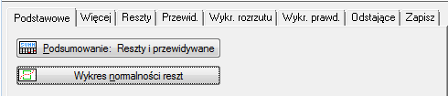 34 ROZDZIAŁ 3. WERYFIKACJA ZAŁOŻEŃ KMNK Rysunek 3.1: Okno podsumowania regresji. Analiza reszt dostępna w zakładce Reszty,założenia,predykcja. Rysunek 3.2: Opcje zakładki Reszty,założenia,predykcja.