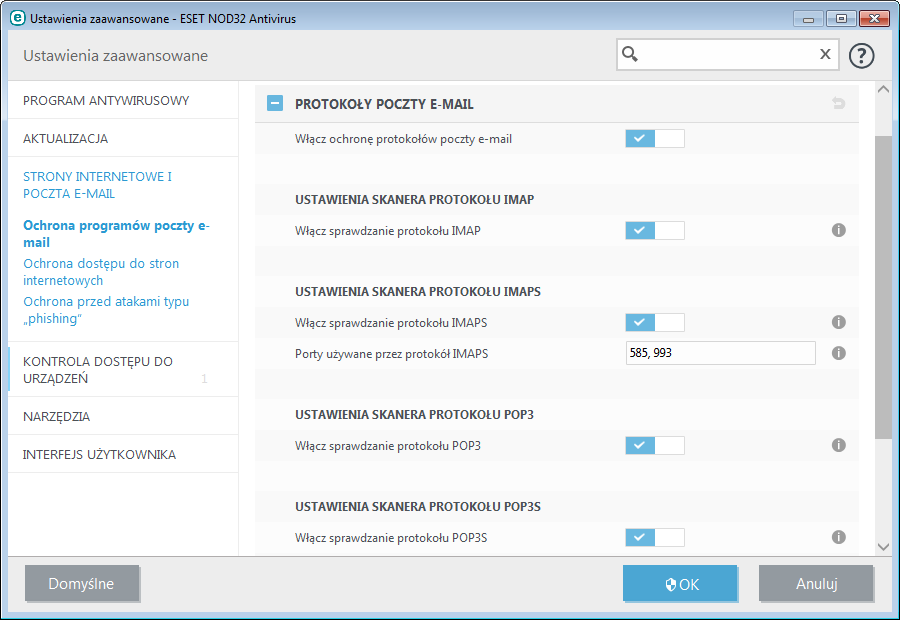 4.2.2.3 Alerty i powiadomienia W ramach ochrony poczty e-mail sprawdzana jest komunikacja przychodząca za pośrednictwem protokołów POP3 oraz IMAP.