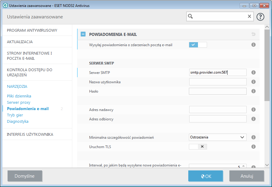 4.4.1.11 Powiadomienia e-mail Program ESET NOD32 Antivirus może automatycznie wysyłać powiadomienia e-mail po wystąpieniu zdarzenia o wybranym poziomie szczegółowości.