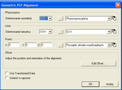 Rys. 31 Menu rozwijalne układów współrzędnych wybór układu Geometric PLP Po kliknięciu w wybraną opcję pojawia nam się okno w którym wybieramy wcześniej utworzone cechy geometryczne. Rys.