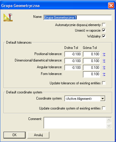 Rys. 36 Okno umożliwiającego wprowadzanie parametrów grupy geometrycznej Operacja ta spowodowała utworzenie nowej Grupy geometrycznej o nazwie: Grupa Geometryczna 1.