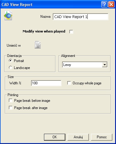 Rys. 64 Sposób tworzenia obrazu graficznego w celu umieszczenia go w raporcie Po kliknięciu w przyciski przedstawiony na rysunku oznaczający opcję CAD View Raport otwiera nam się okno przedstawione