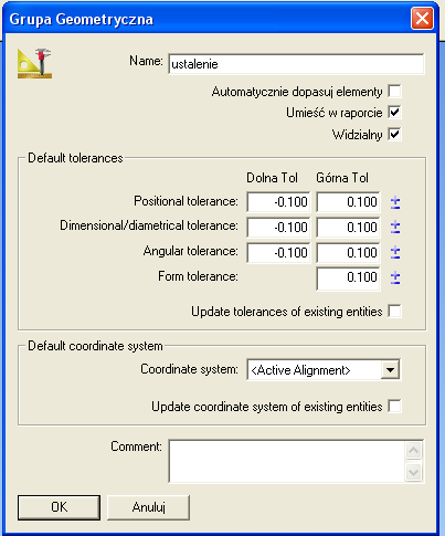 Rys.8 Ikona obrazująca Grupę Geometryczną W wyniku tej operacji pojawia nam się okno, w którym można ustawid określone parametry grupy geometrycznej jak Nazwa (Name), Domyślne tolerancje (Default