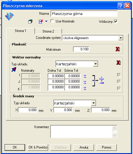 W wyniku tej operacji otwiera nam się okno Płaszczyzna mierzona, w którym można ustawid odpowiednie parametry.