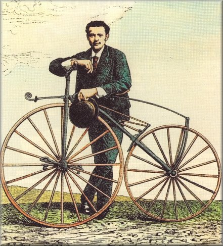 Pan Ernest Michaux Francuz z rowerem skonstruowanym przez swego ojca.