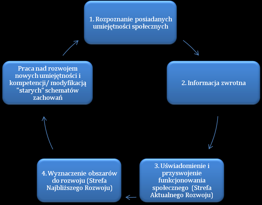 Rys. 1. Schematyczne przedstawienie cyklu działań mających na celu rozwój kompetencji społecznych u młodzieży 15+. Źródło: opracowanie Dorota Wiszejko-Wierzbicka.