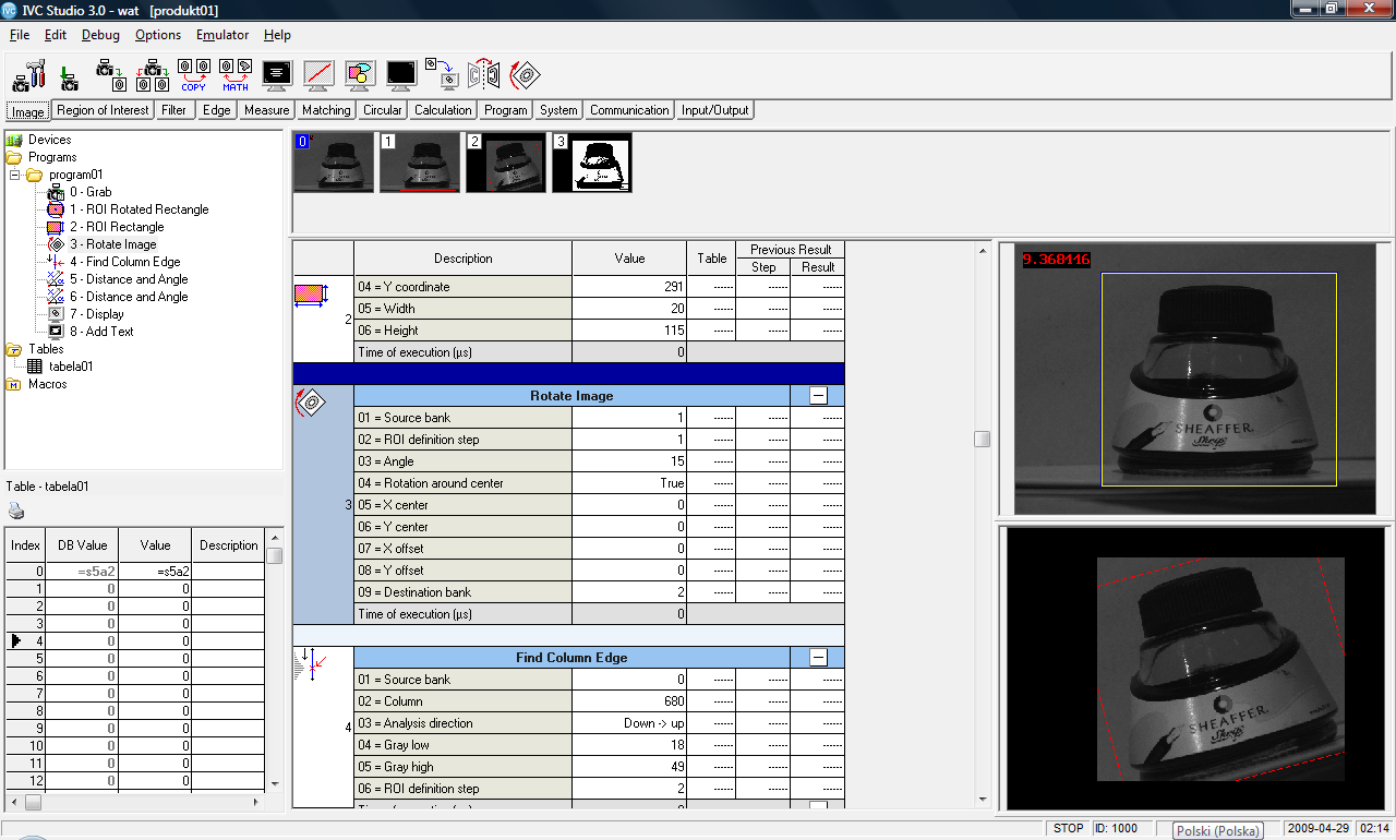 Rys. 9. Okno interfejsu Spreadsheet Spreadsheet okno arkusza kalkulacyjnego środowiska In-Sight Explorer, służy do programowania projektowanej aplikacji wizyjnej.