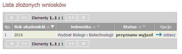 Po kliknięciu przycisku Złóż wniosek status zmieni się na złożony.