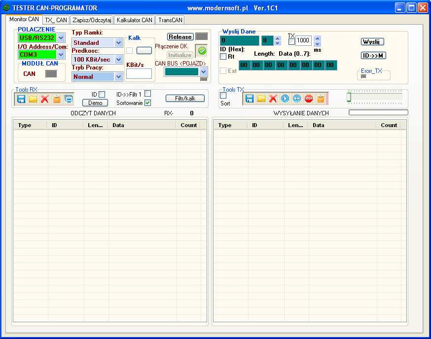 OPIS Tester podłączony za pośrednictwem USB do komputera PC, system operacyjny Windows XP, podczas instalacji sterownika FTDI 232R tworzony jest wirtualny port COM.