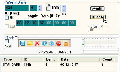 TX zaznaczenie, automatycznie powtarza wysyłanie ID i danych Wyslij- jednokrotne wysłanie danych Przykład wysłania danych Aby wysłać dane należy: 1.Wpisać wartość ID(Hex) np. 434 2.