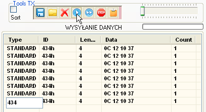 Wysyłanie identyfikatorów sygnalizowane jest przesuwającą się ramką w oknie, ramka wskazuje wysyłany identyfikator.