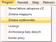 4 Zmiana zalogowanego pracownika W celu zmiany zalogowanego użytkownika należy wybrać: Program -> Zmiana użytkownika, a następnie należy wpisać w pierwszym polu Użytkownik kod tego