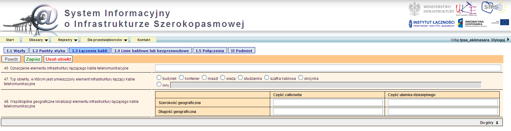 5.1.1.3 Segment I.3 Łączenie kabli Segment I.3 Łączenie kabli został przedstawiony na rysunku poniżej. Rys. 16. Segment I.3 Łączenie kabli Na początku segmentu znajduje się moduł umożliwiający wyszukanie już wprowadzonych łączeń kabli wg wyspecyfikowanych kryteriów.