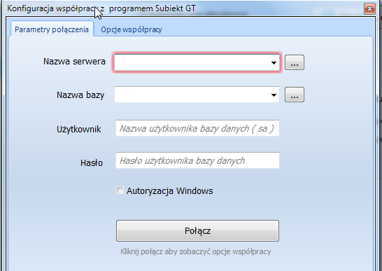 Przykładowe okno konfiguracji importu z programu Subiekt GT (pola są takie same w przypadku wszystkich programów pracujących na MS SQL Server). Nazwa serwera podajemy nazwę (np.