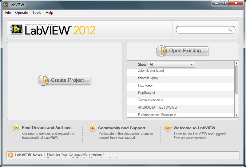 Pierwszy program w LabVIEW Po uruchomieniu LabVIEW w wersji 2012, pojawia się następujący ekran startowy: Rysunek 1 Ekran startowy LabVIEW Pracę nad nowym programem najlepiej zacząć od utworzenia