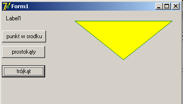 Grafika w Delphi obiekt TCanvas Narysowanie na formularzu trójkąta o zielonym obwodzie i żółtym wypełnieniu. procedure TForm1.