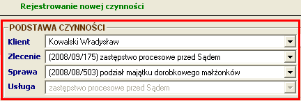 6. Możliwość rejestrowania czynności z okna Wydarzenie Jeżeli pracownik tworzący nowe wydarzenie w sprawie ma uprawnienia do rejestrowania czynności w zleceniu, w którym ta sprawa jest rozliczana, to