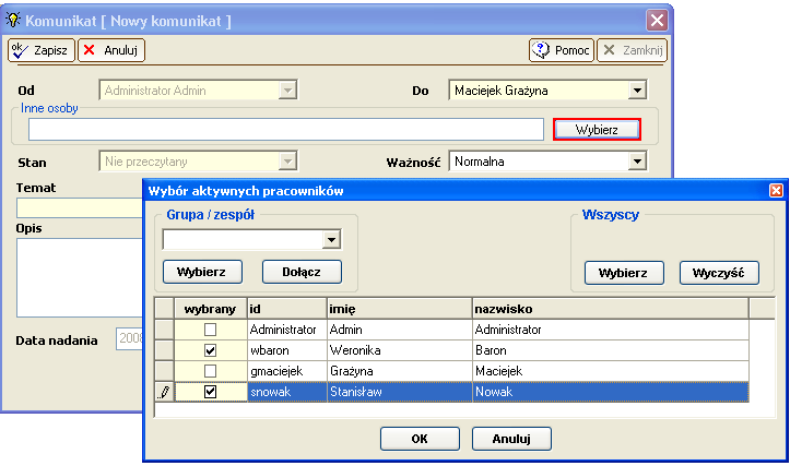 12.2. Wysyłanie komunikatu do wielu osób W oknie komunikatu dodano możliwość wysłania komunikatów jednocześnie do wielu pracowników.