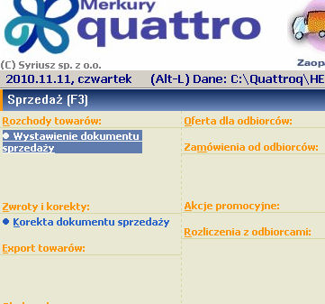 Quattro - przewodnik po podstawowych operacjach w programie 2 WYSTAWIENIE PARAGONU/FAKTURY: 1. Wybrać opcję F3 sprzedaż 2.