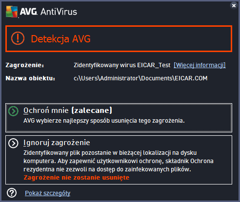 To okno ostrzegawcze podaje informacje o wykrytym obiekcie, który został uznany za infekcję (Zagrożenie), a także kilka opisowych faktów dotyczących samej infekcji (Opis).