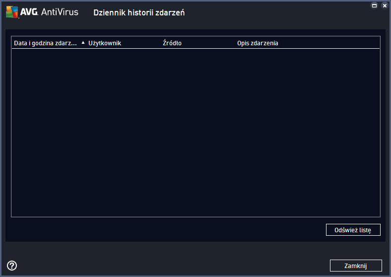 11.6. Historia zdarzeń Okno Historia zdarzeń dostępne jest przez menu Opcje / Historia / Historia zdarzeń w górnym wierszu nawigacji głównego okna programu AVG AntiVirus.