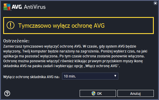 Jak wyłączyć ochronę AVG Zaznacz pole wyboru Tymczasowo wyłącz ochronę AVG, a następnie potwierdź swoją decyzję, klikając przycisk Zastosuj.