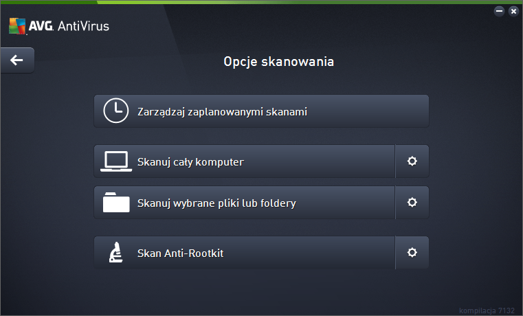 W oknie Opcje skanowania są widoczne trzy główne sekcje konfiguracji skanowania: o Zarządzaj zaplanowanymi skanami wybierz tę opcję, aby otworzyć nowe okno dialogowe zawierające przegląd wszystkich