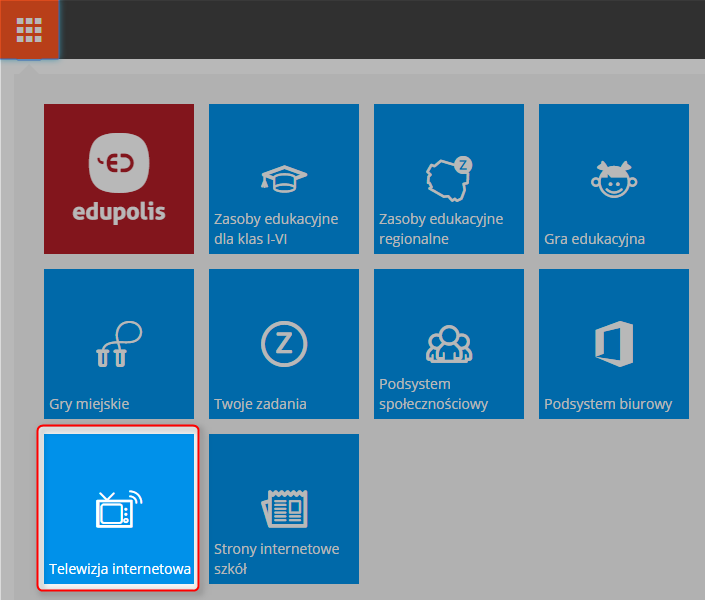 po przejściu do Platformy Edukacyjnej rozwinąć menu główne platformy dostępne przez przycisk Menu znajdujący się w lewym górnym rogu ekranu, kliknąć kafelek Telewizja internetowa, UWAGA: Po