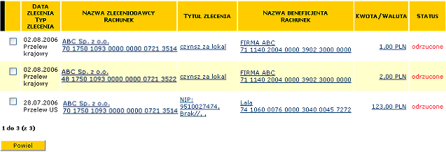 Status (do wyboru: wszystkie, zrealizowane, częściowo zrealizowane, usunięte, odrzucone), Znajdź tekst szukanie tekstu odbywa się po polach: Nazwa beneficjenta, tytuł transakcji i numer rachunku