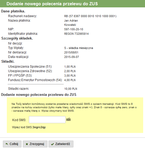 Jeśli formularz jest wypełniony prawidłowo, zostanie otworzone okno do autoryzacji przelewu (Rys. 29).