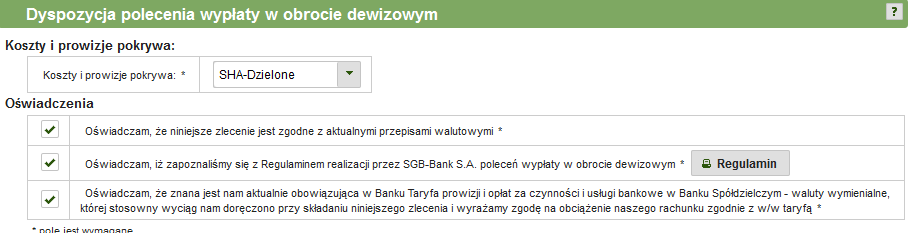 Przycisk otwiera piąty i ostatni ekran formularza, na którym należy ustalić sposób podziału kosztów między zleceniodawcę i beneficjenta (Rys.