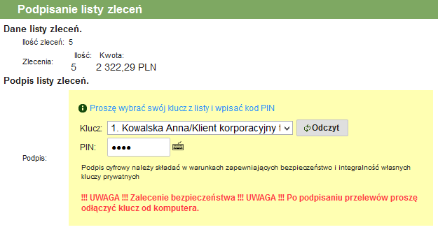 Rys. 65: Podpisywanie listy zleceń 3.5.1.10. Importowanie zleceń. W celu zaimportowania zleceń należy kliknąć przycisk, a następnie wybrać opcję. Zostanie wyświetlony formularz importu zleceń.