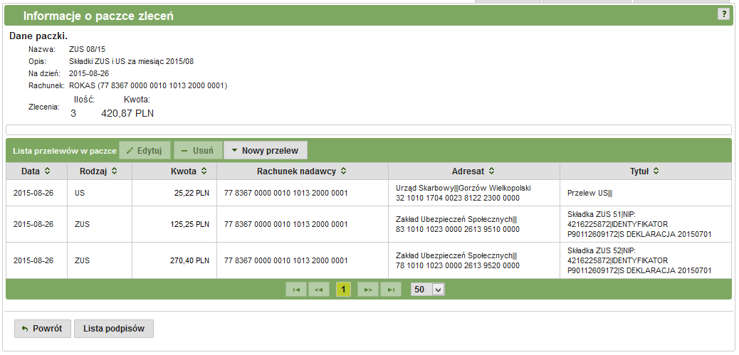Rys. 68: Informacje o paczce zleceń 3.5.2.2. Edycja paczki W celu dokonania edycji paczki zleceń należy zaznaczyć wybraną paczkę na liście, a następnie wybrać przycisk.