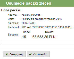 Rys. 69: Formularz edycji danych paczki 3.5.2.3. Usunięcie paczki W celu usunięcia paczki zleceń należy zaznaczyć wybraną paczkę na liście, a następnie wybrać przycisk.