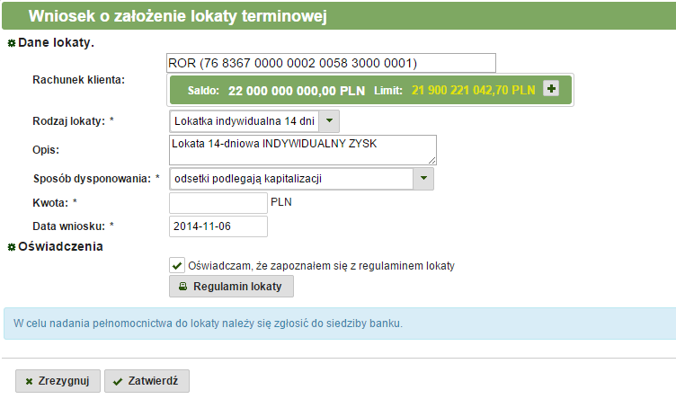 Rys. 74: Formularz wniosku o założenie lokaty terminowej 3.6.2. Lokaty aktywne W celu przejścia do listy aktywnych lokat należy wybrać z menu głównego zakładkę Lokaty, a następnie Lokaty aktywne.