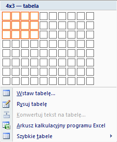 WSTAWIANIE I MODYFIKACJA TABELI 34. Tworzenie tabeli (sposób I) Wybieramy zakładkę: Wstawianie sekcja: Tabele zaznaczamy kursorem wybraną liczbę kolumn i wierszy (maksymalnie 10x8) 35.