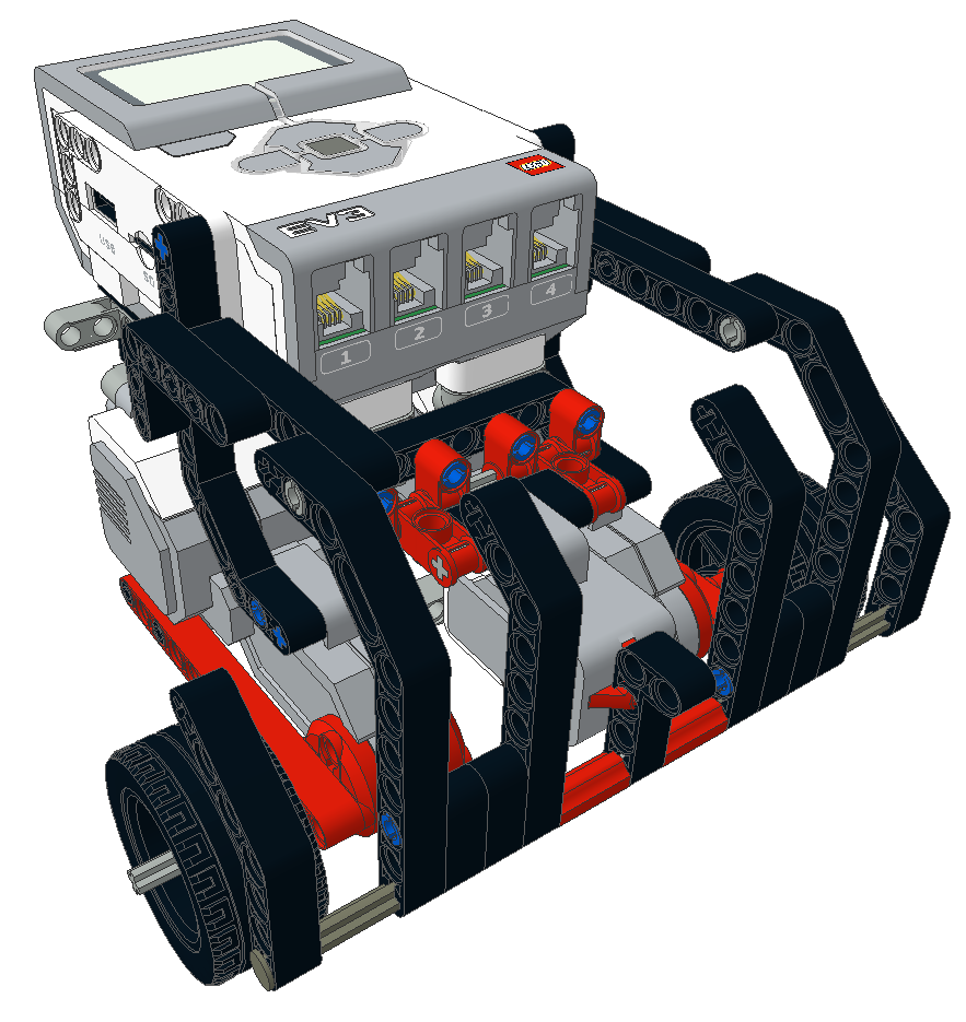 Budowa robota Robot będzie się składał z: Czujnika dotyku, 2 silników dużych, Kostki EV3. Na rysunku poniżej przedstawiono efekt końcowy.