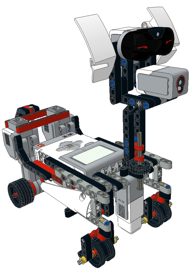 Budowa robota Konstrukcja robota składa się z: Czujnika podczerwieni, 2 silników dużych odpowiedzialnych za poruszanie się robota, Silnika średniego umożliwiającego obrót głowy robota, Kostki EV3.