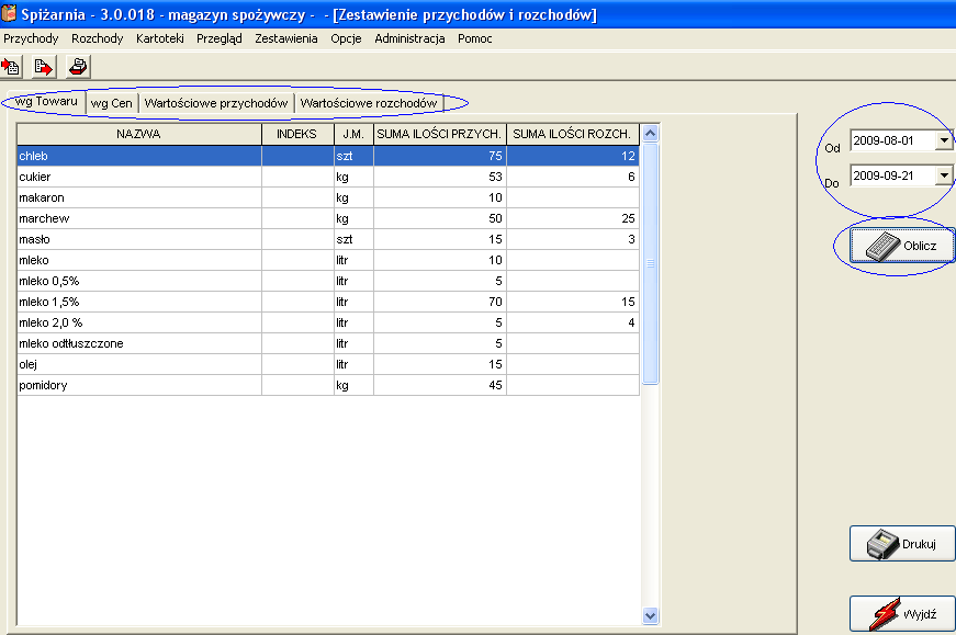 Zestawienie to możemy wydrukować za pomocą przycisku Drukuj. Kolejnym zestawieniem jest Wg cen, również ustawiamy daty Od i Do, po czym przyciskamy Oblicz.