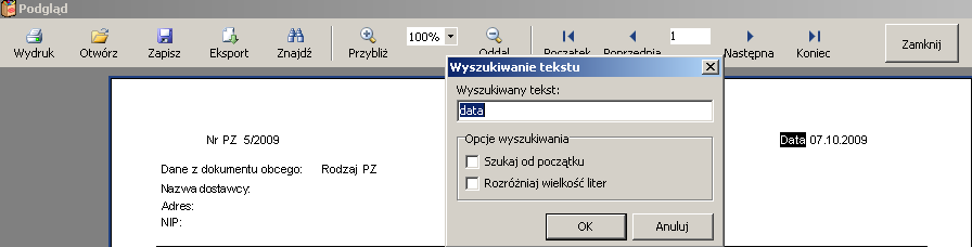 Przyciski "Przybliż" i "Oddal" służą do powiększania i pomniejszania podglądu wydruku, oraz lista z gotowymi procentami wielkości strony.