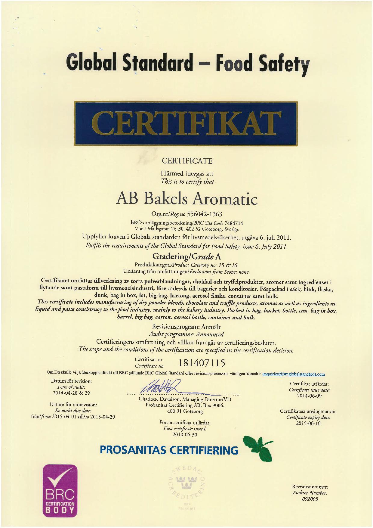 Certyfikat BRC producenta mieszanki piekarniczej PIECZYWO - IG -