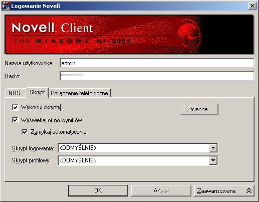 Skrypty logowania Podczas logowania klient Novella umożliwia wykonywanie specjalnych poleceń, które zapewniają użytkownikowi dostęp do określonych zasobów sieciowych (np. drukarek lub plików).